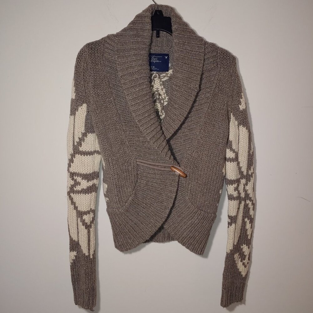 American Eagle Wool Blend Shawl Color Chunky Aztec Sweater Cardigan Size M Tan